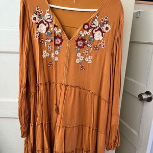 Burnt Orange Lightweight Flounce Dress with Embroidery